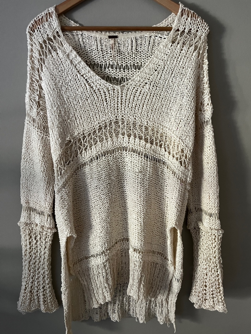 Free People Open-Knit V-Neck Sweater in Cream